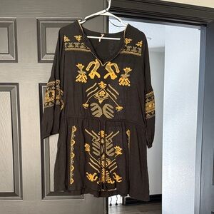 Free People Embroidered Black, Green and Yellow Shirt Dress